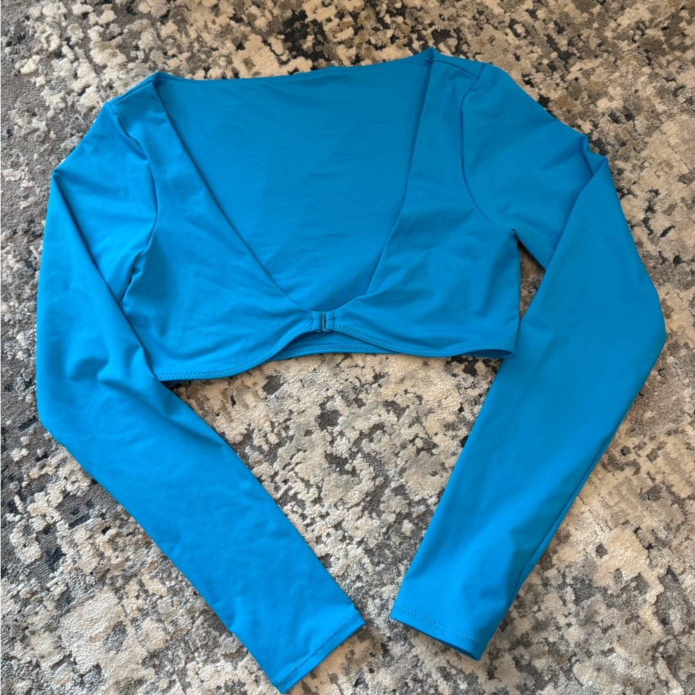SKIMS Coverup Set: Swim Long Sleeve Shrug and Ruched Mini Skirt Turquoise - Picture 3 of 16